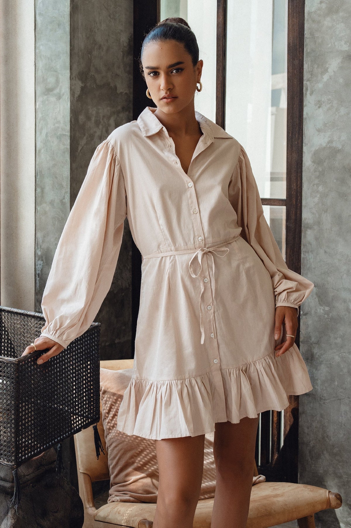 Malina Button Down Cotton Mini Dress 9Sale)