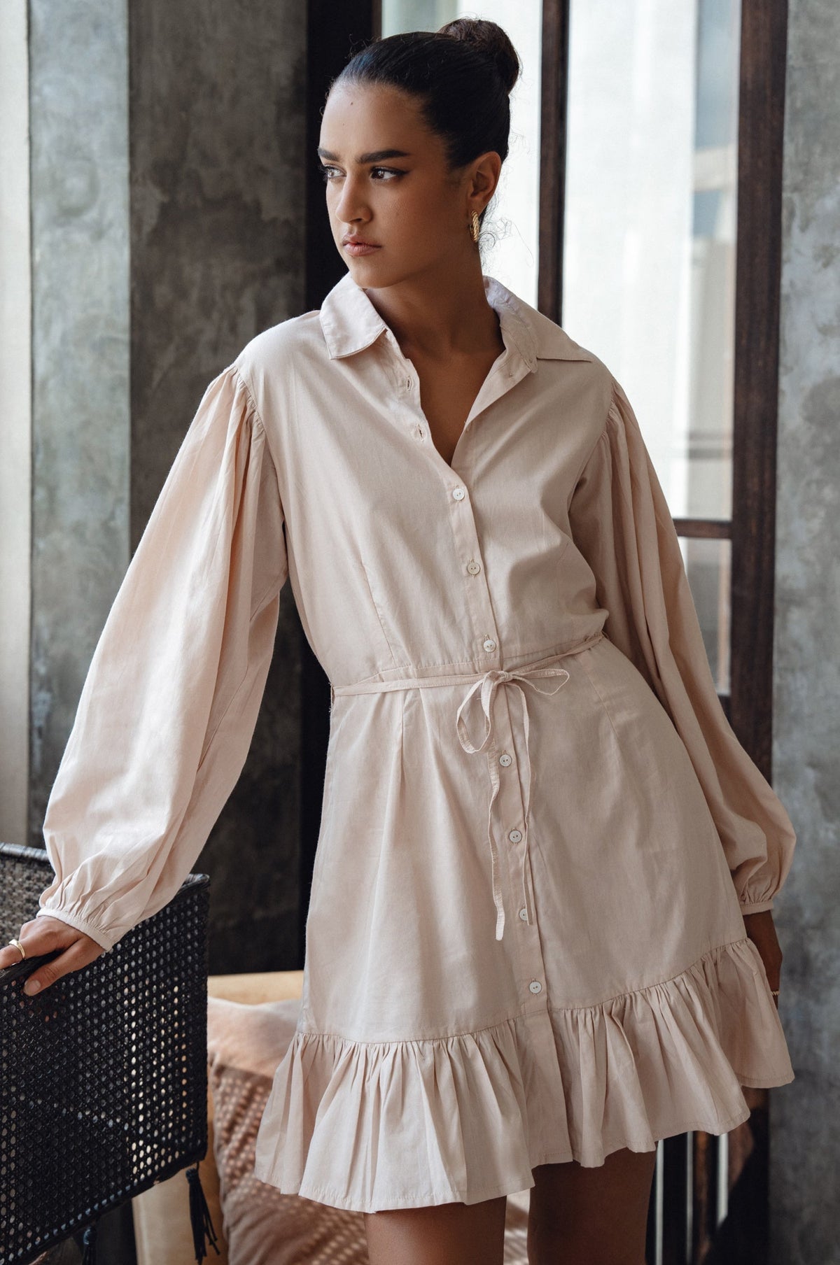 Malina Button Down Cotton Mini Dress 9Sale)