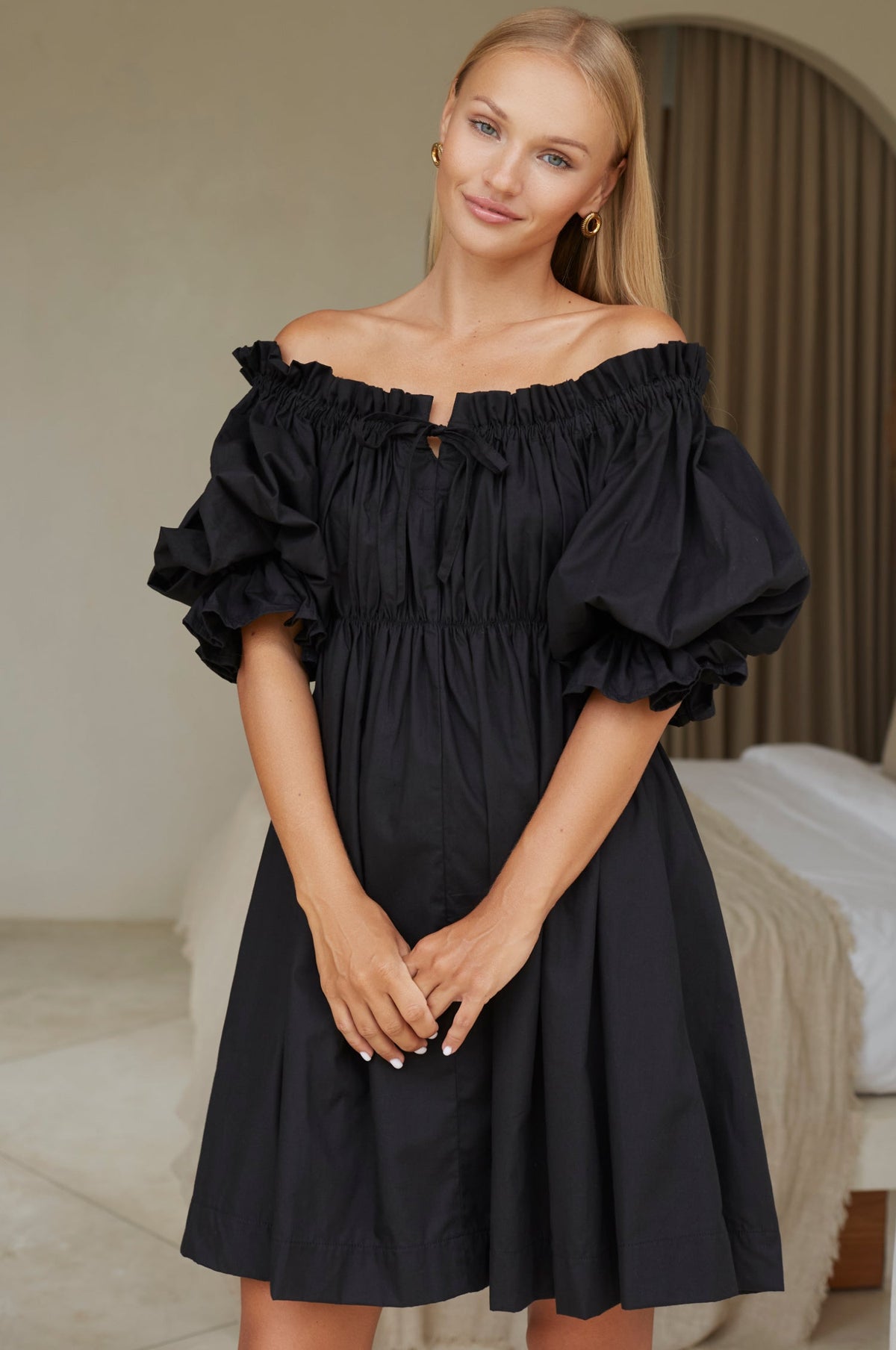 Vacay Off Shoulder Cotton Mini Dress (Sale)